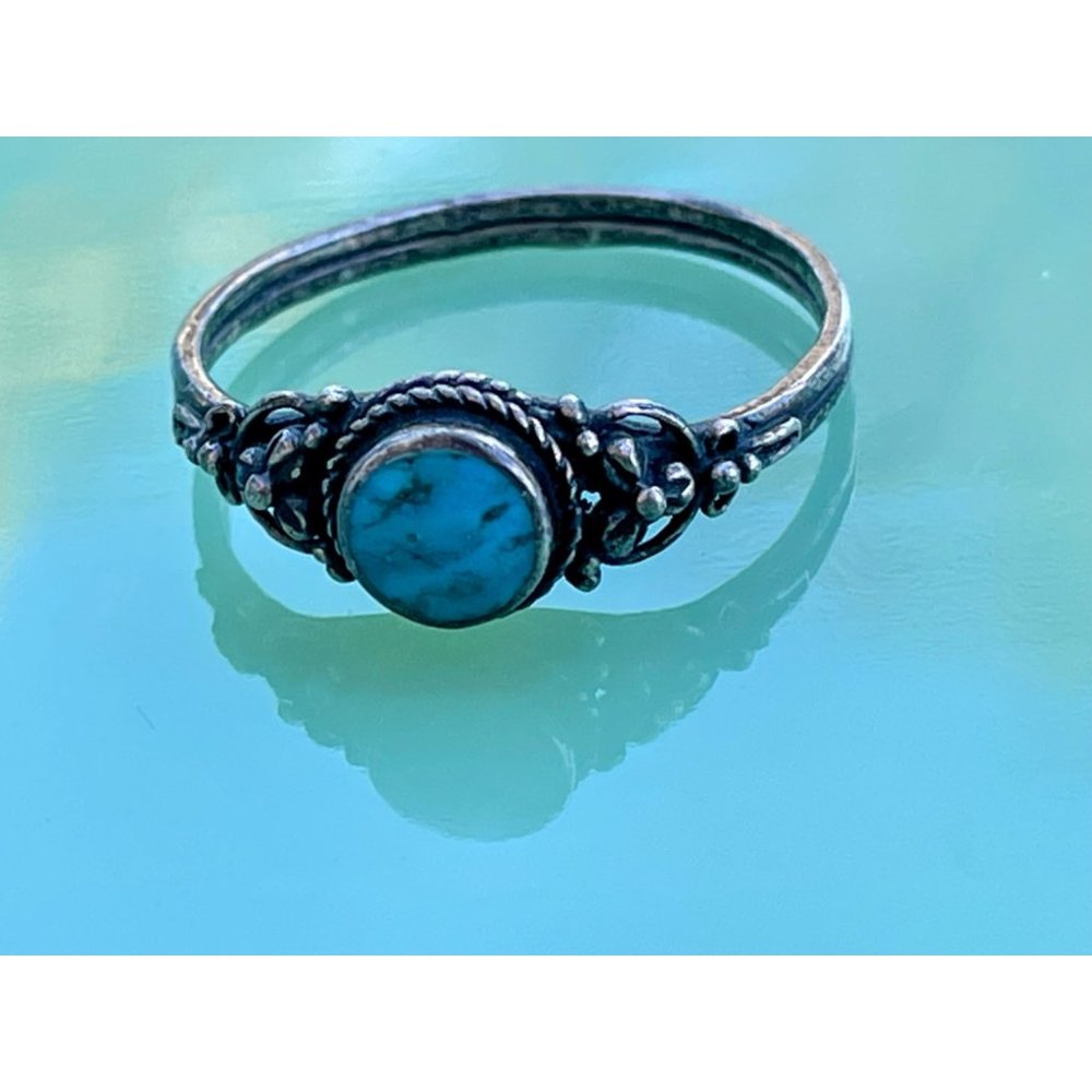 Vintage Southwest Blue Turquoise Ring With Flowers Sz 7 3/4 - Picture 8 of 10